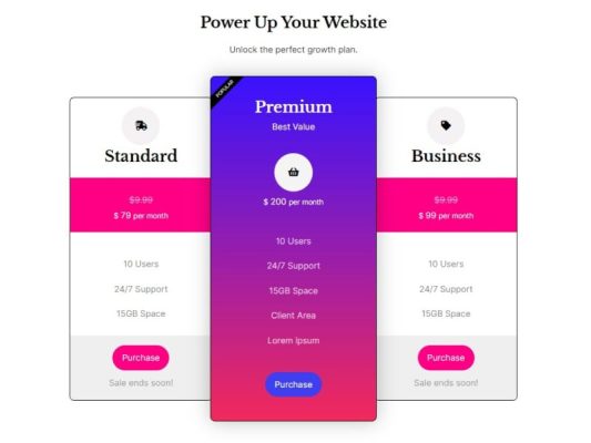 Pricing Table with Gradient Background